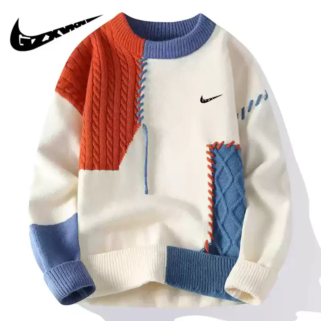 NIKE Patchwork Cable-Knit Crewneck Sweater