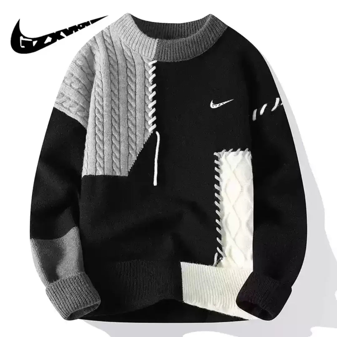 NIKE Patchwork Cable-Knit Crewneck Sweater