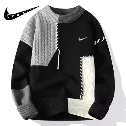 NIKE Patchwork Cable-Knit Crewneck Sweater